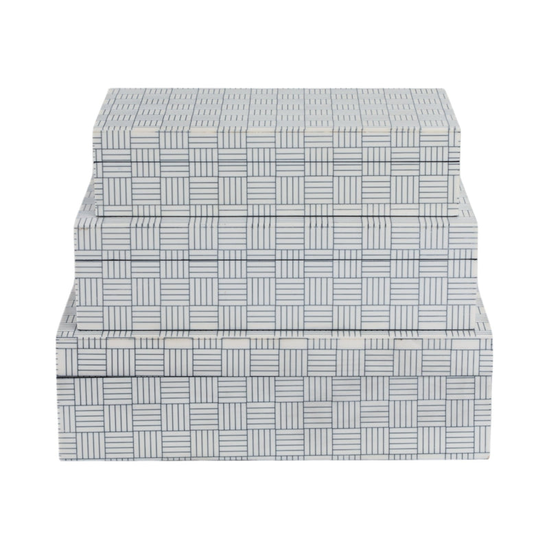 S/3 10/11/12" Checkerboard Etched Boxes, White/bla - Al Rugaib Furniture