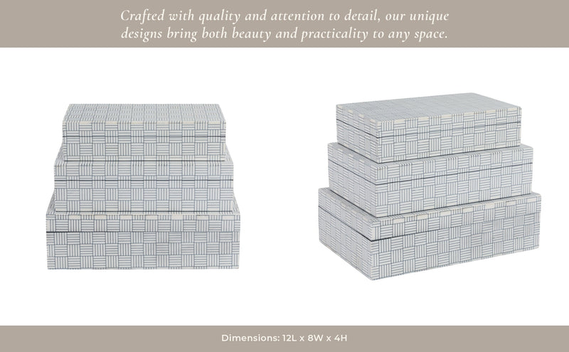 S/3 10/11/12" Checkerboard Etched Boxes, White/bla - Al Rugaib Furniture