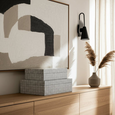 S/3 10/11/12" Checkerboard Etched Boxes, White/bla - Al Rugaib Furniture