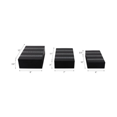 S/3 10/11/12" Ridged Stripes Boxes, Black/ivory - Al Rugaib Furniture