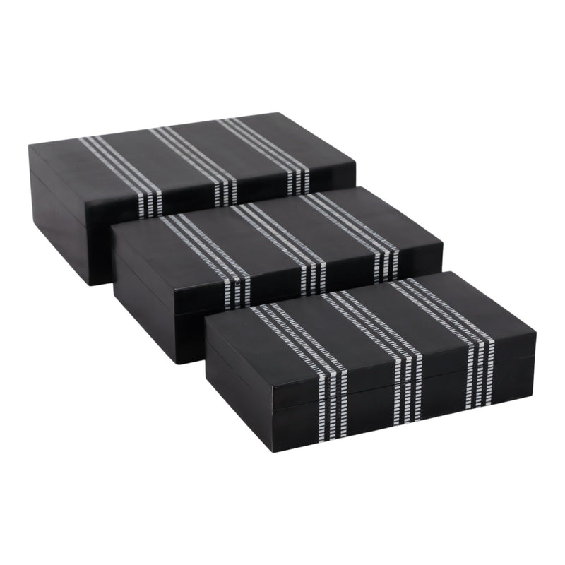 S/3 10/11/12" Ridged Stripes Boxes, Black/ivory - Al Rugaib Furniture