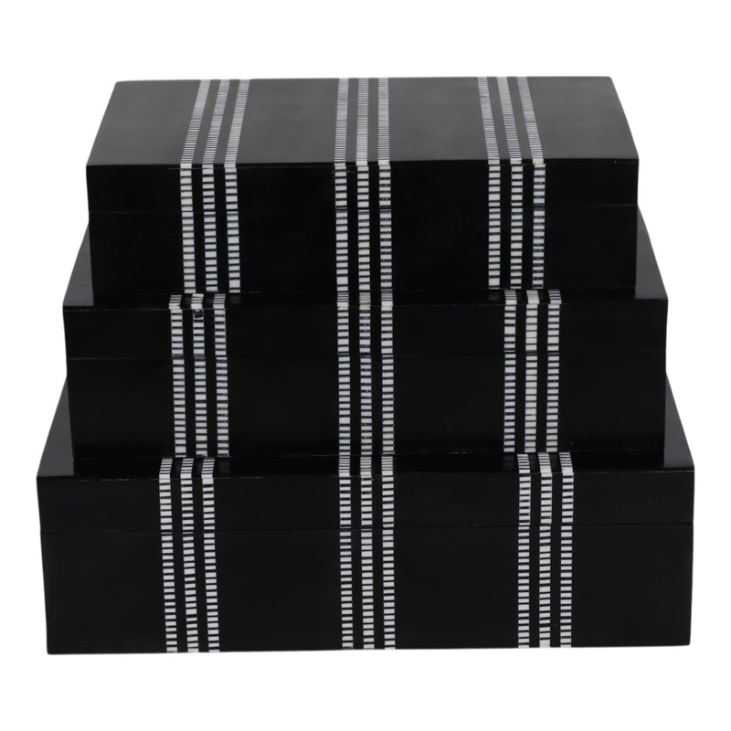 S/3 10/11/12" Ridged Stripes Boxes, Black/ivory - Al Rugaib Furniture