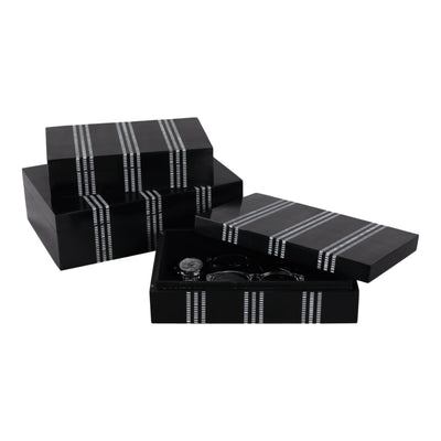 S/3 10/11/12" Ridged Stripes Boxes, Black/ivory - Al Rugaib Furniture