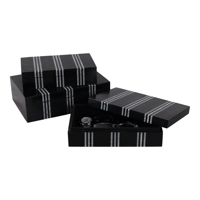 S/3 10/11/12" Ridged Stripes Boxes, Black/ivory - Al Rugaib Furniture