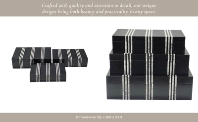 S/3 10/11/12" Ridged Stripes Boxes, Black/ivory - Al Rugaib Furniture
