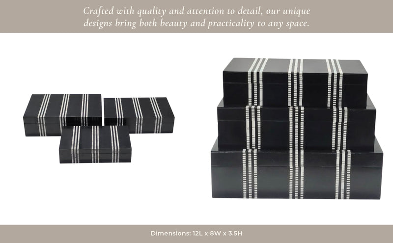 S/3 10/11/12" Ridged Stripes Boxes, Black/ivory - Al Rugaib Furniture
