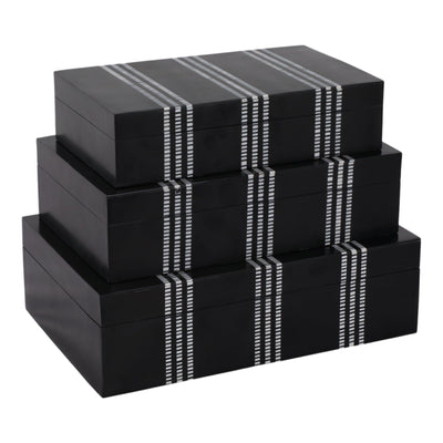S/3 10/11/12" Ridged Stripes Boxes, Black/ivory - Al Rugaib Furniture