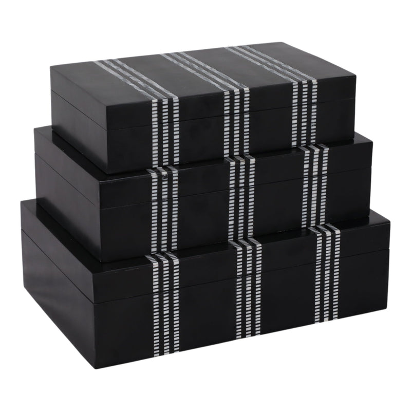 S/3 10/11/12" Ridged Stripes Boxes, Black/ivory - Al Rugaib Furniture