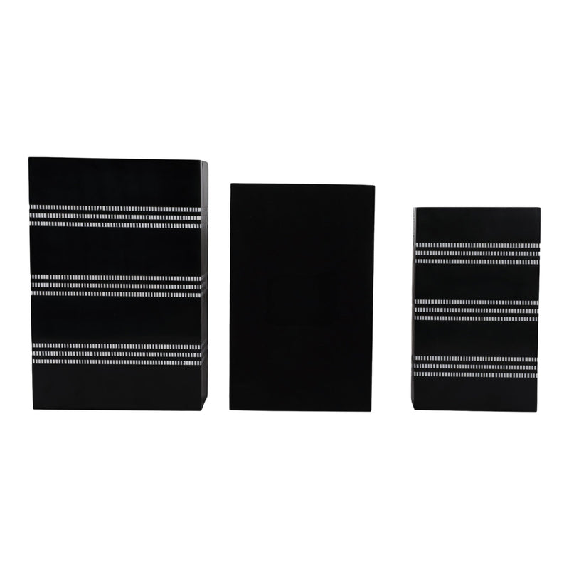 S/3 10/11/12" Ridged Stripes Boxes, Black/ivory - Al Rugaib Furniture