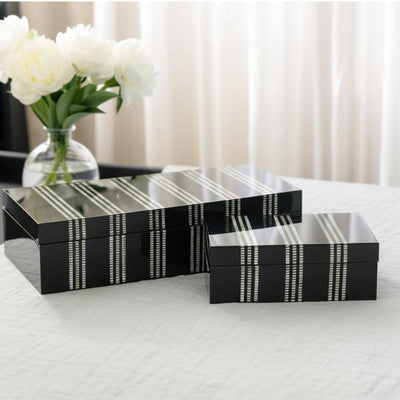 S/3 10/11/12" Ridged Stripes Boxes, Black/ivory - Al Rugaib Furniture