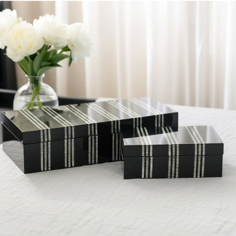 S/3 10/11/12" Ridged Stripes Boxes, Black/ivory - Al Rugaib Furniture