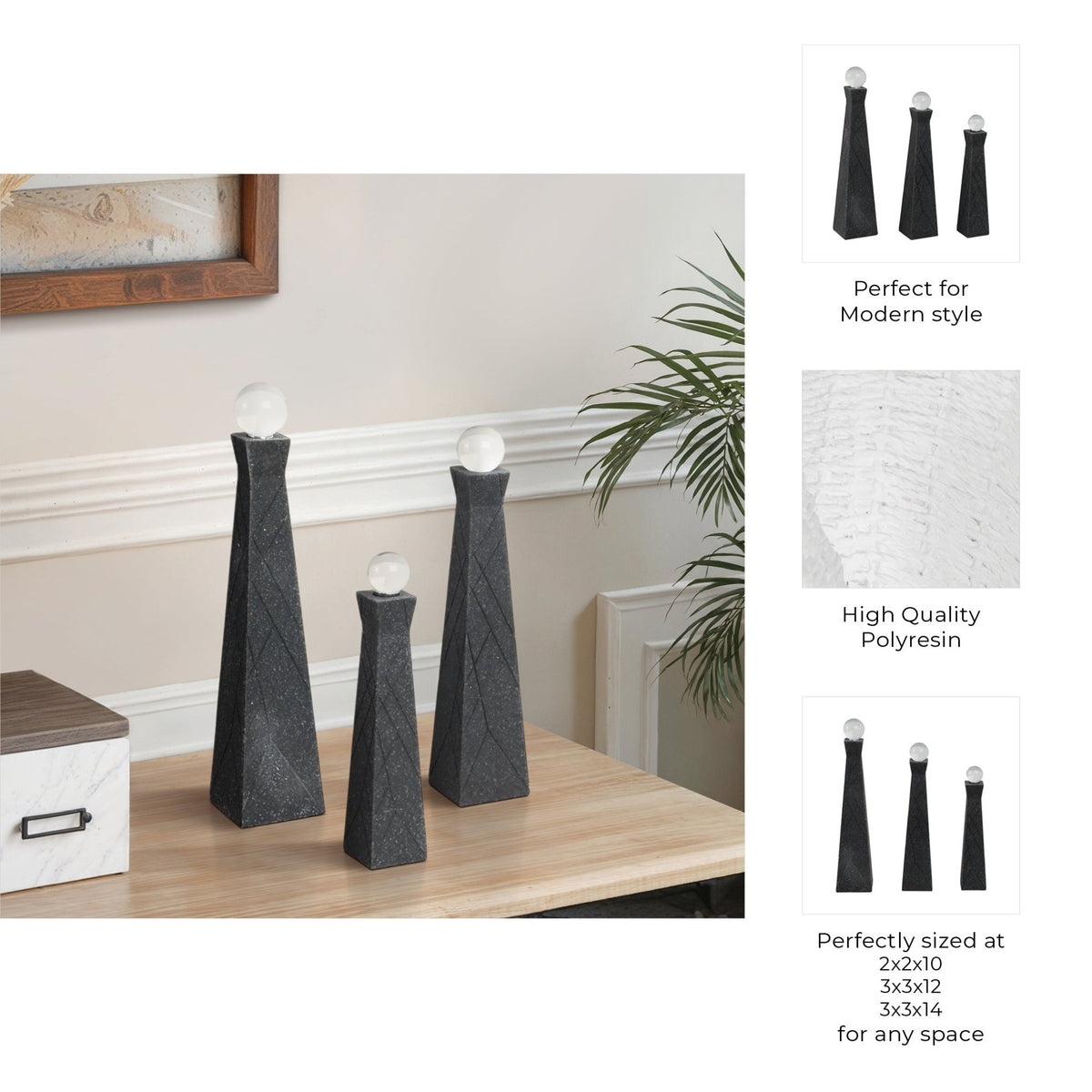 S/3 10/12/14" LIEGE BLACK QUARTZ RESIN BOTTLES Table Decors| Sagebrook Home