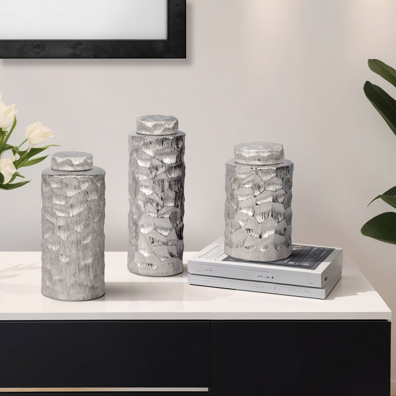 S/3 10/13/14" Anita Silver Ceramic Lidded Jars - Al Rugaib Furniture
