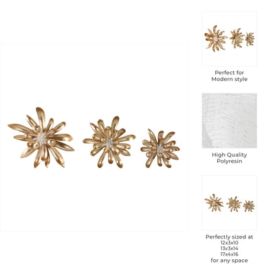S/3 12/13/17" Hanna Gold Wall Flowers With Faux - Al Rugaib Furniture