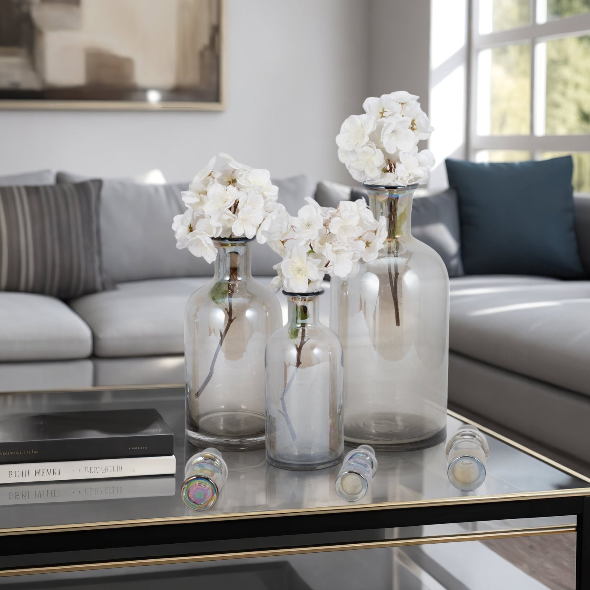 S/3 13/14/16" Callum Gray Glass Bottles, Gray Vases and Jars| Sagebrook Home