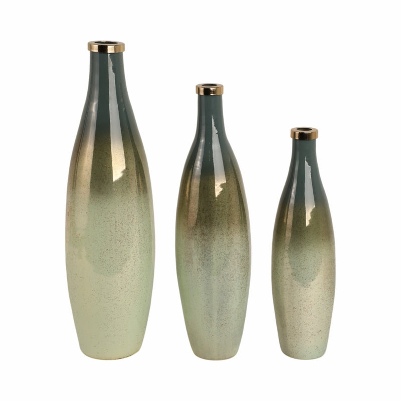 S/3 16/18/21" Windard Glass Bottles, Green - Al Rugaib Furniture