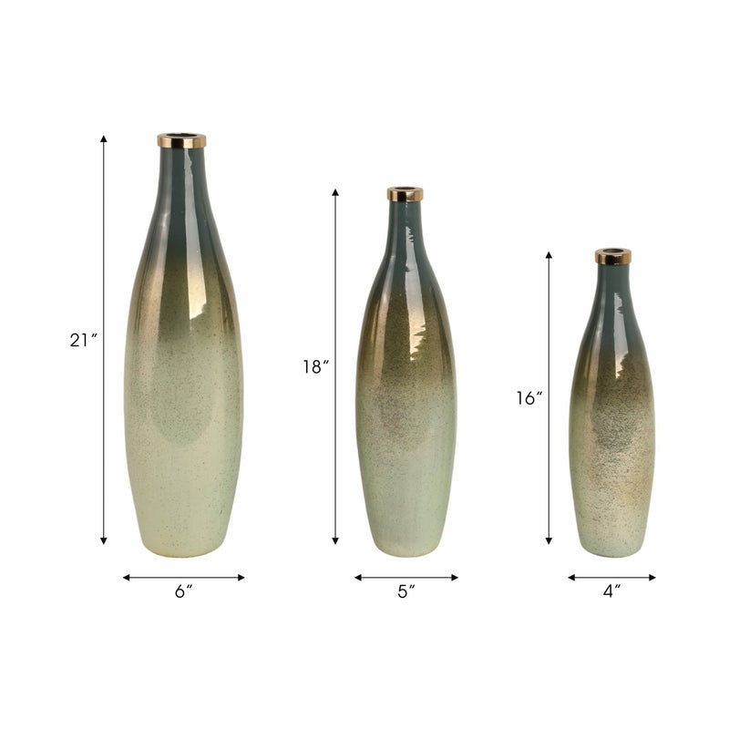 S/3 16/18/21" Windard Glass Bottles, Green - Al Rugaib Furniture