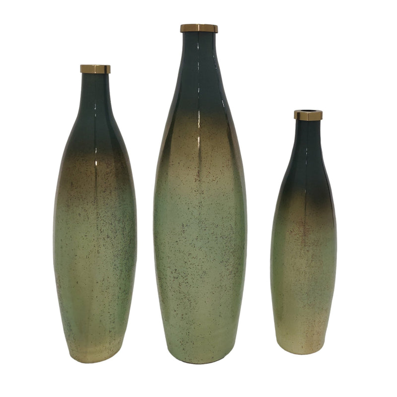 S/3 16/18/21" Windard Glass Bottles, Green - Al Rugaib Furniture