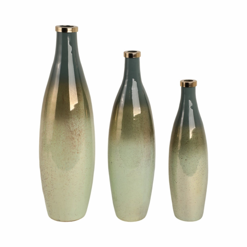 S/3 16/18/21" Windard Glass Bottles, Green - Al Rugaib Furniture
