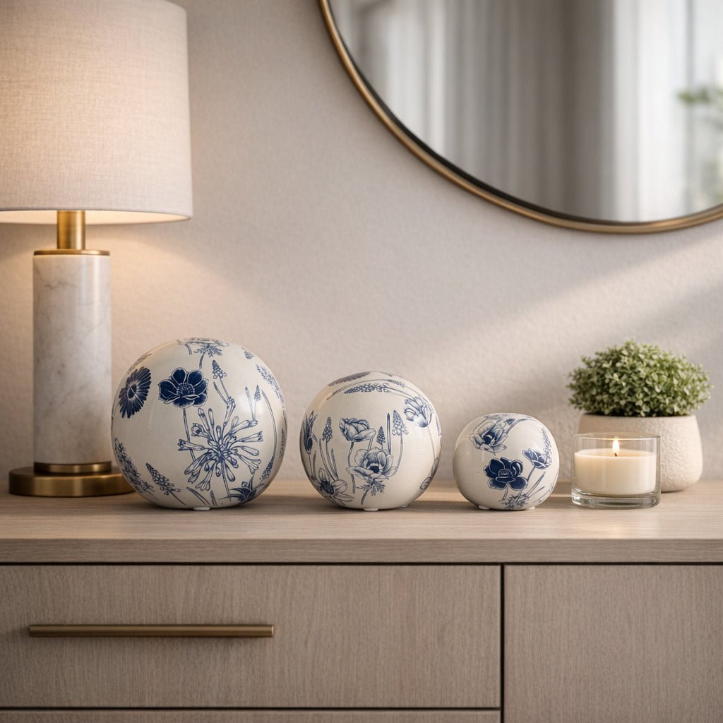 S/3 4/5/6" Floral Orbs, Blue/ivory Table Decors| Sagebrook Home