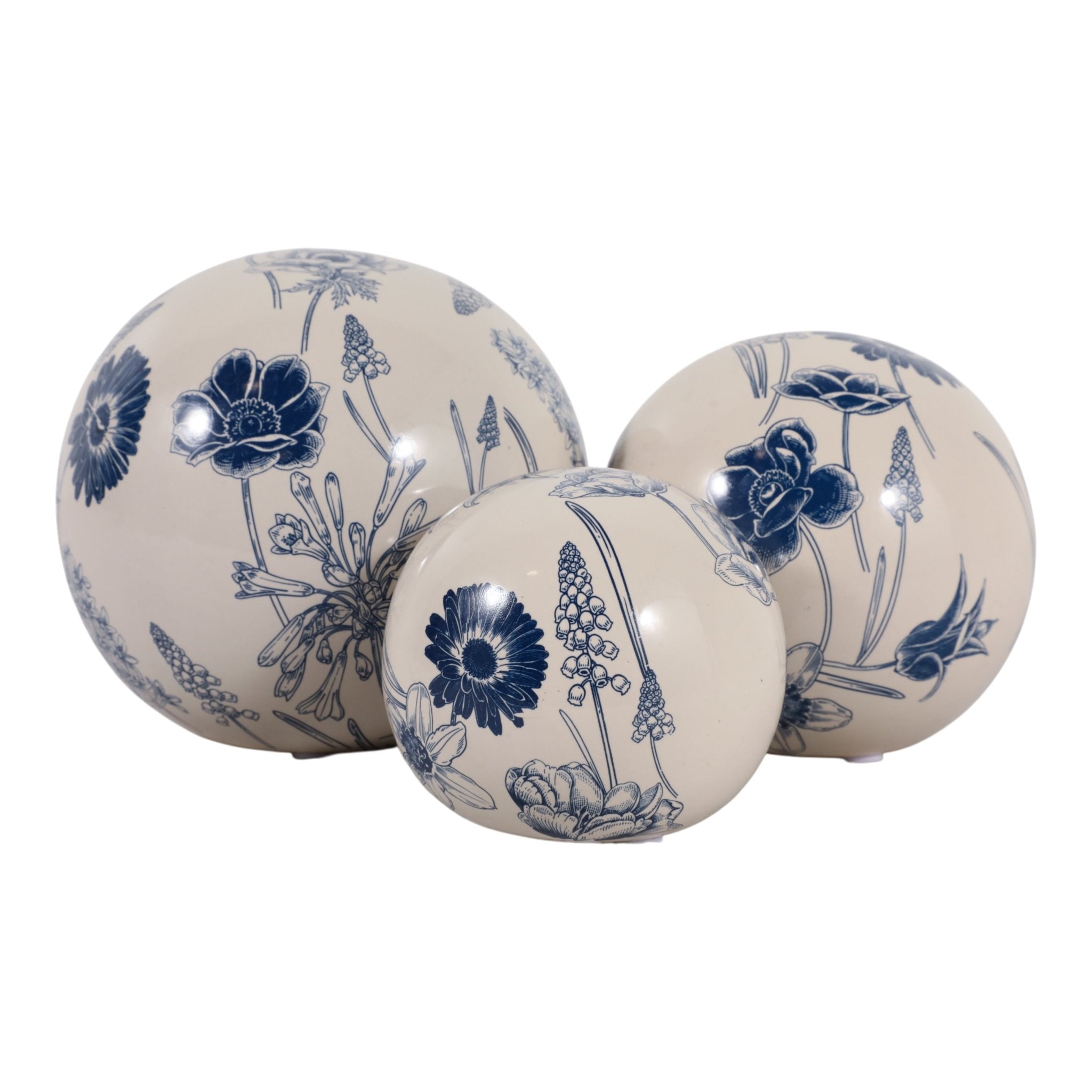 S/3 4/5/6" Floral Orbs, Blue/ivory Table Decors| Sagebrook Home