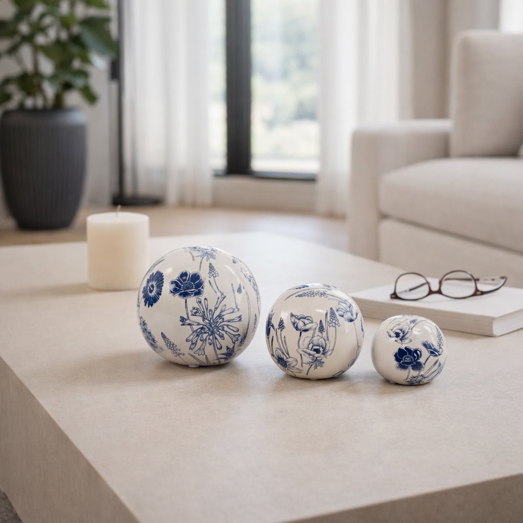S/3 4/5/6" Floral Orbs, Blue/ivory Table Decors| Sagebrook Home