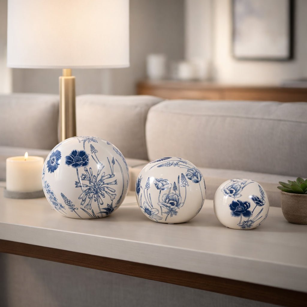 S/3 4/5/6" Floral Orbs, Blue/ivory Table Decors| Sagebrook Home