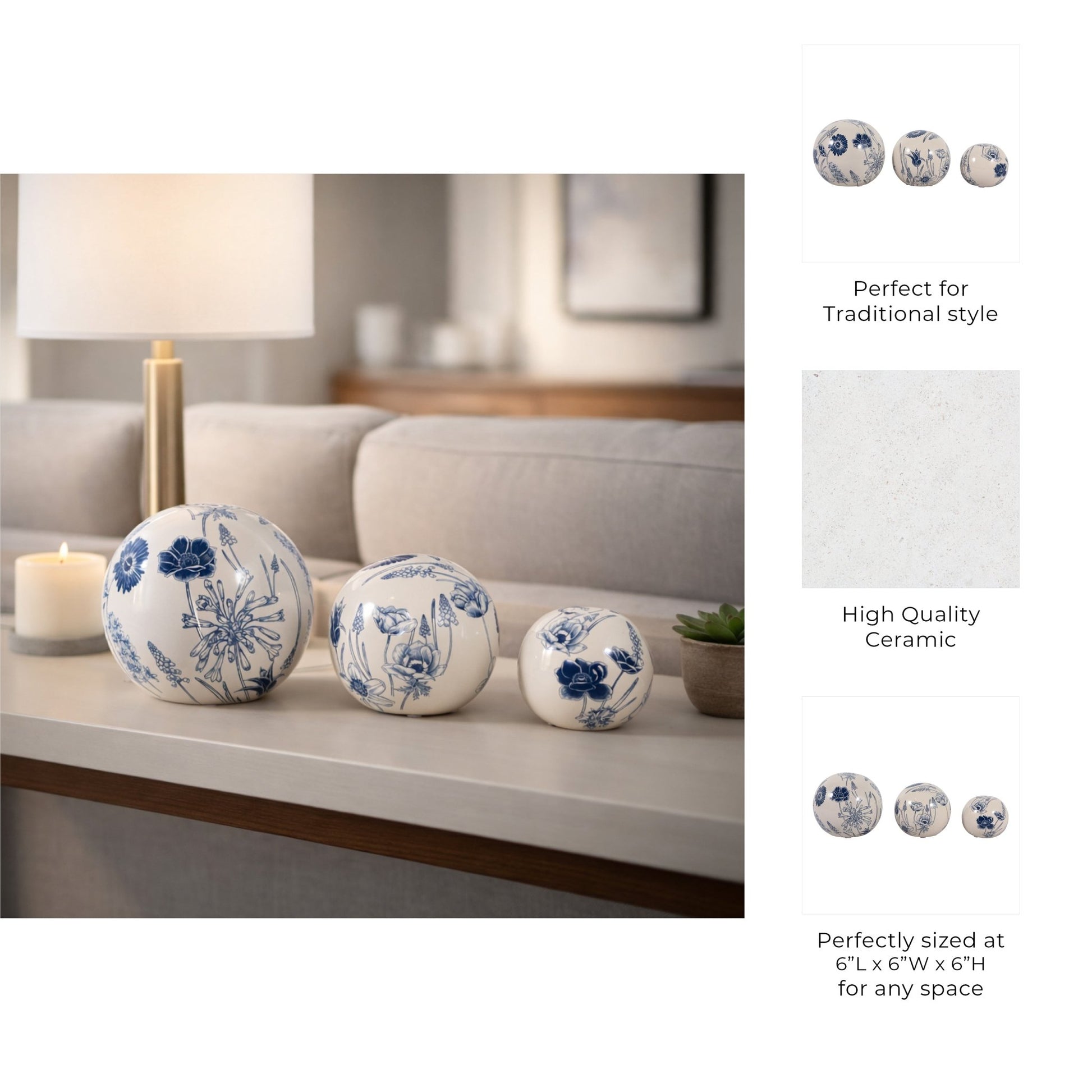 S/3 4/5/6" Floral Orbs, Blue/ivory Table Decors| Sagebrook Home