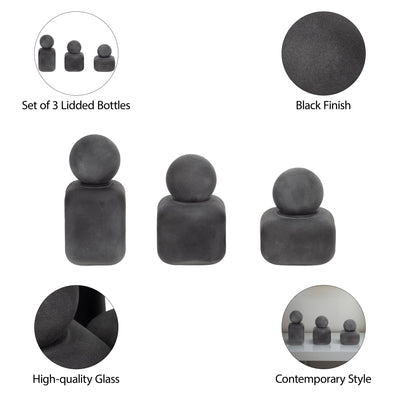 S/3 4/5/6" Mason Black Glass Lidded Bottles - Al Rugaib Furniture