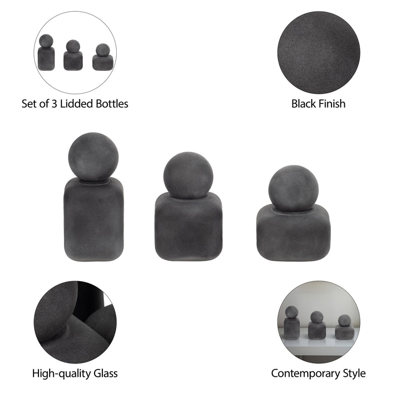 S/3 4/5/6" Mason Black Glass Lidded Bottles - Al Rugaib Furniture