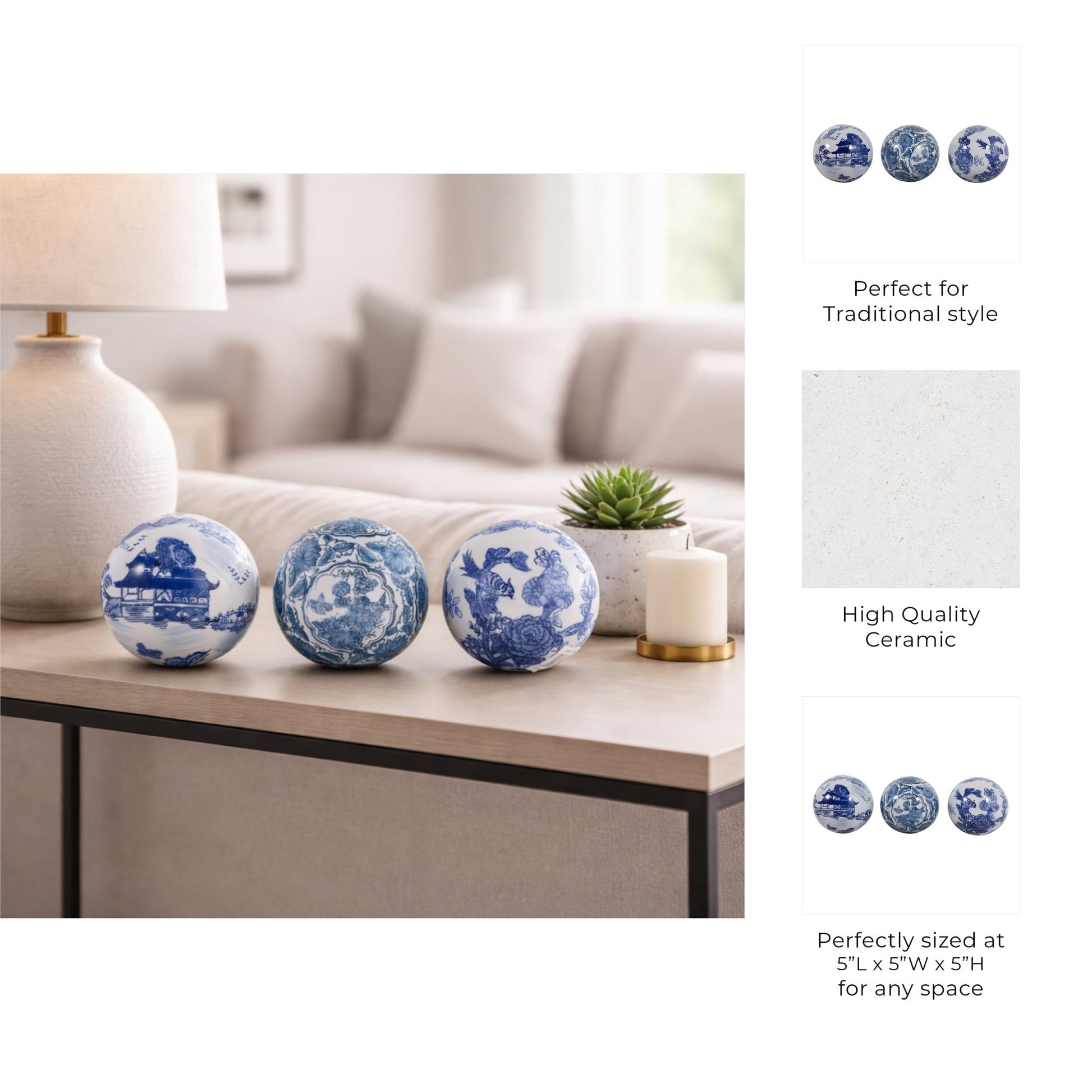 S/3 5" Assorted Chinoiserie Orbs, Blue/white Table Decors| Sagebrook Home