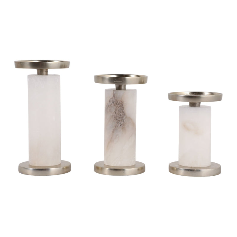 S/3 5/6/7" ASCEND ALABASTER CANDLE HOLDERS, WHT/GO - Al Rugaib Furniture