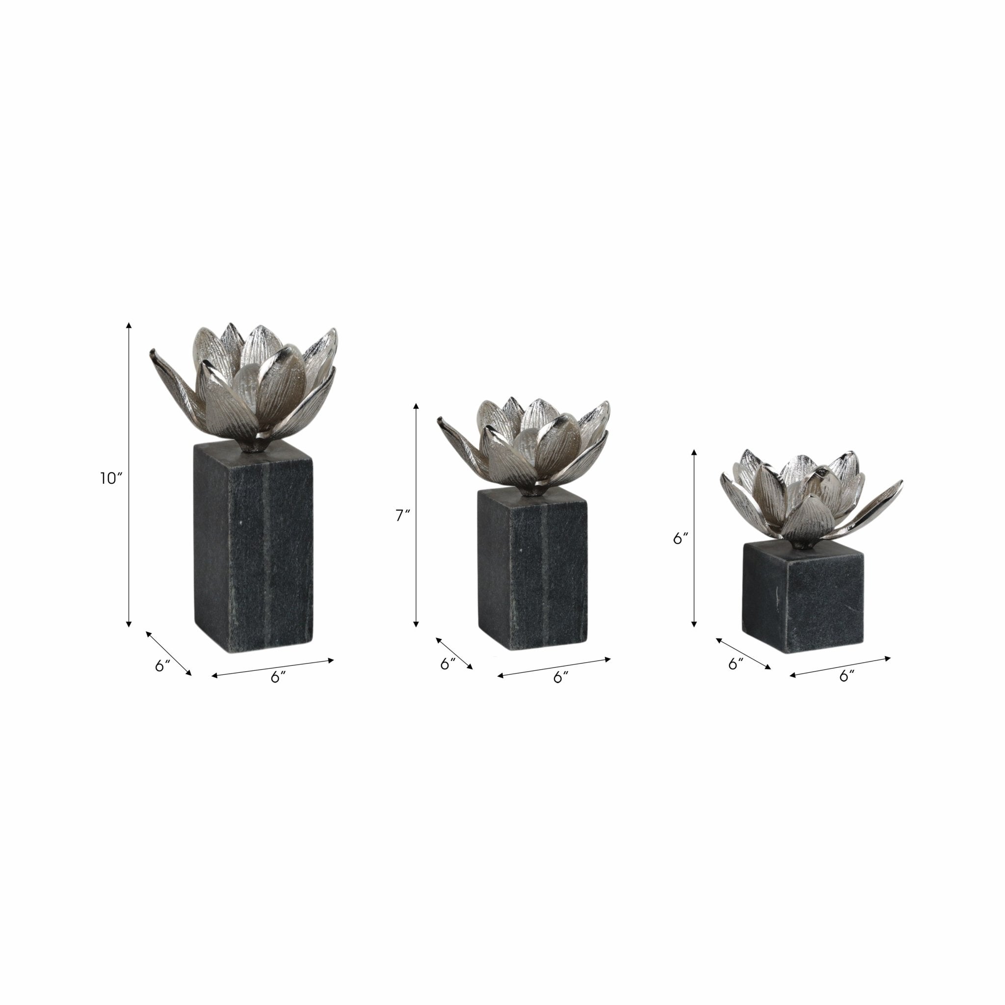 S/3 6/7/10" DARBY SILVER FLOWER STATUARY WITH MARB Table Decors| Sagebrook Home