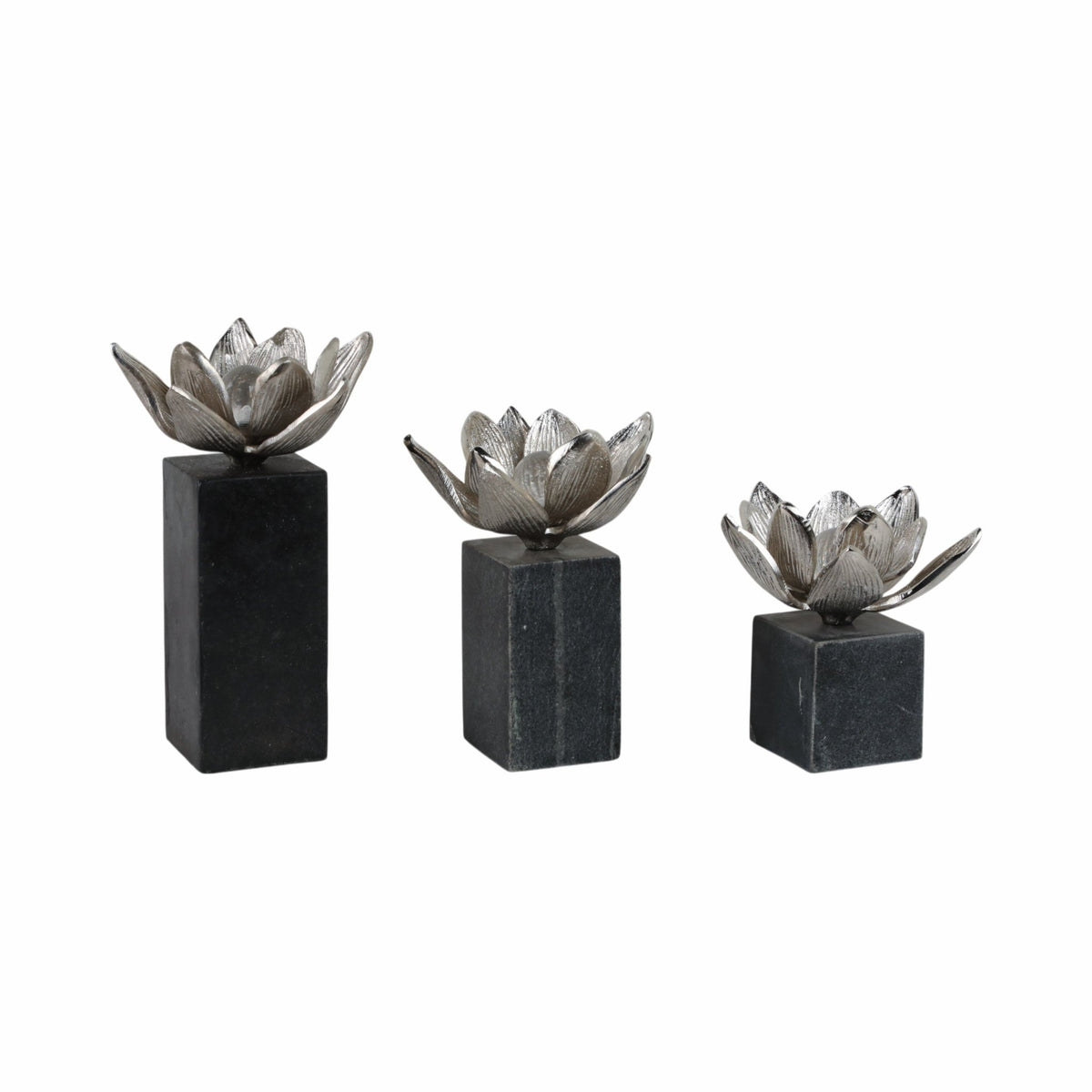 S/3 6/7/10" DARBY SILVER FLOWER STATUARY WITH MARB Table Decors| Sagebrook Home