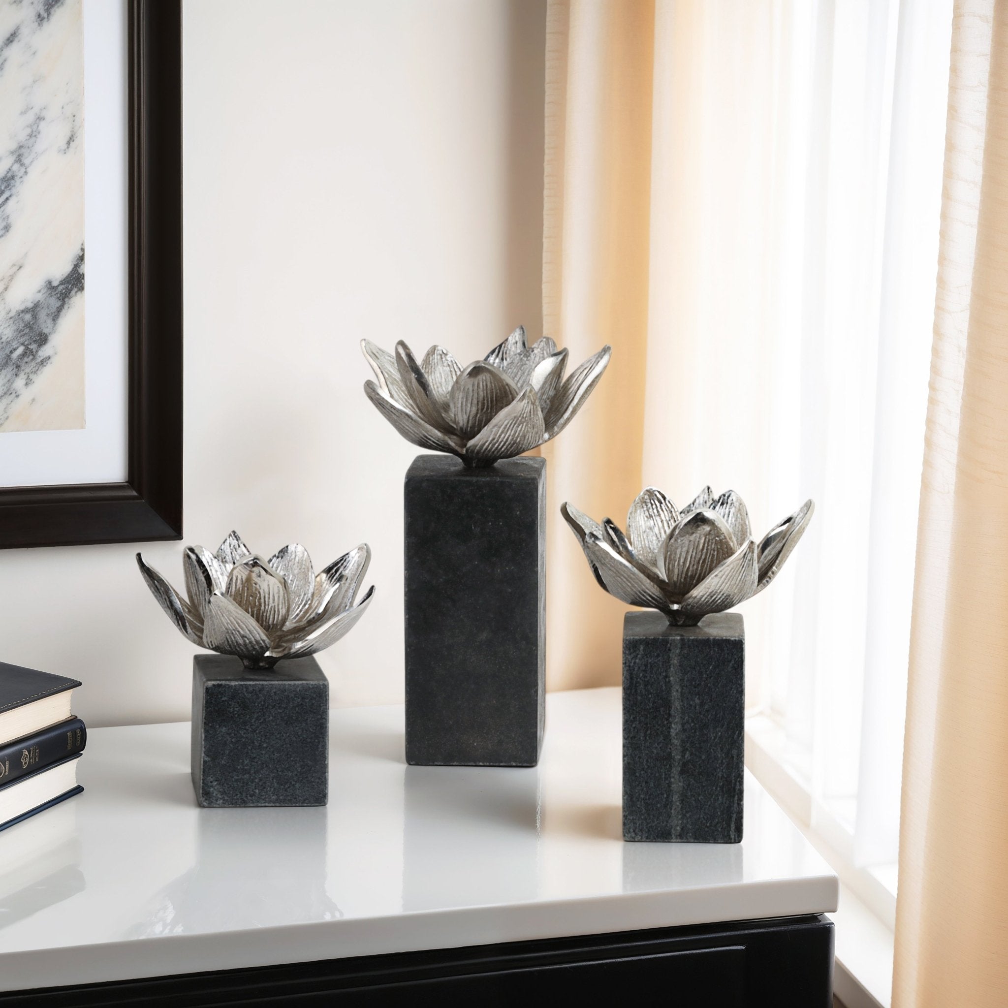 S/3 6/7/10" DARBY SILVER FLOWER STATUARY WITH MARB Table Decors| Sagebrook Home