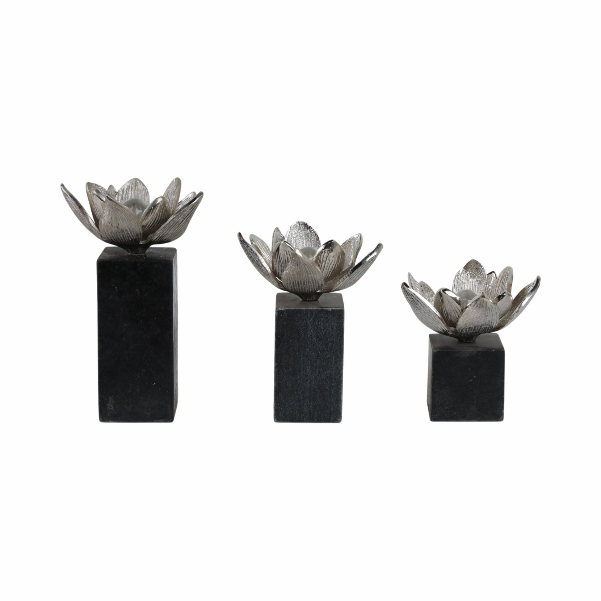 S/3 6/7/10" DARBY SILVER FLOWER STATUARY WITH MARB Table Decors| Sagebrook Home