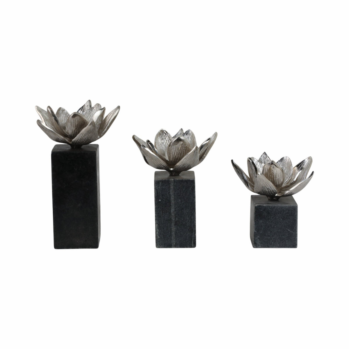 S/3 6/7/10" DARBY SILVER FLOWER STATUARY WITH MARB Table Decors| Sagebrook Home