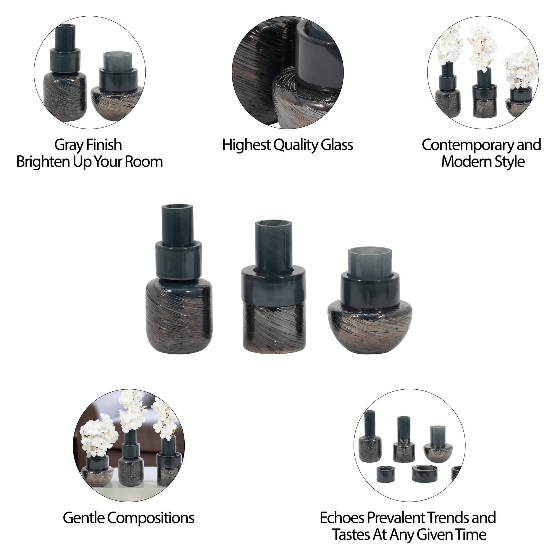S/3 6/8/9" Eden Gray Glass Vases Vases and Jars| Sagebrook Home
