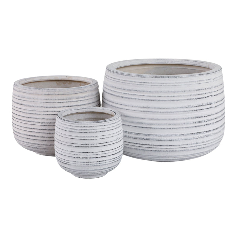 S/3 6/9/11" Ribbed Planters, White - Al Rugaib Furniture