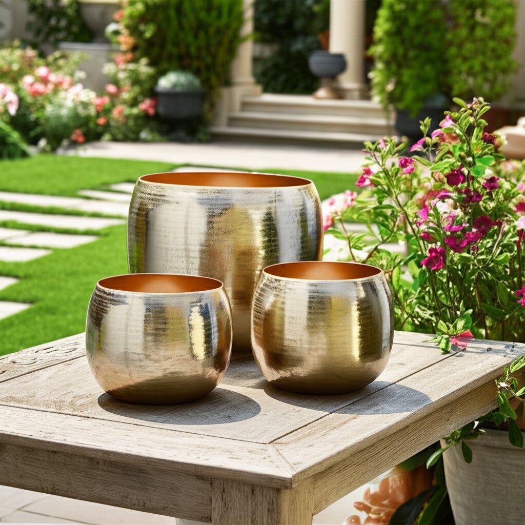 S/3 9/12/14" Hammered Metal Planters, Gold Planter| Sagebrook Home
