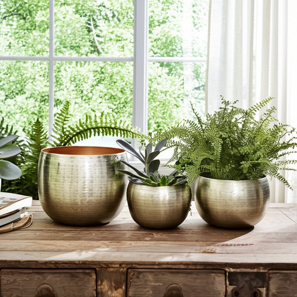 S/3 9/12/14" Hammered Metal Planters, Gold Planter| Sagebrook Home