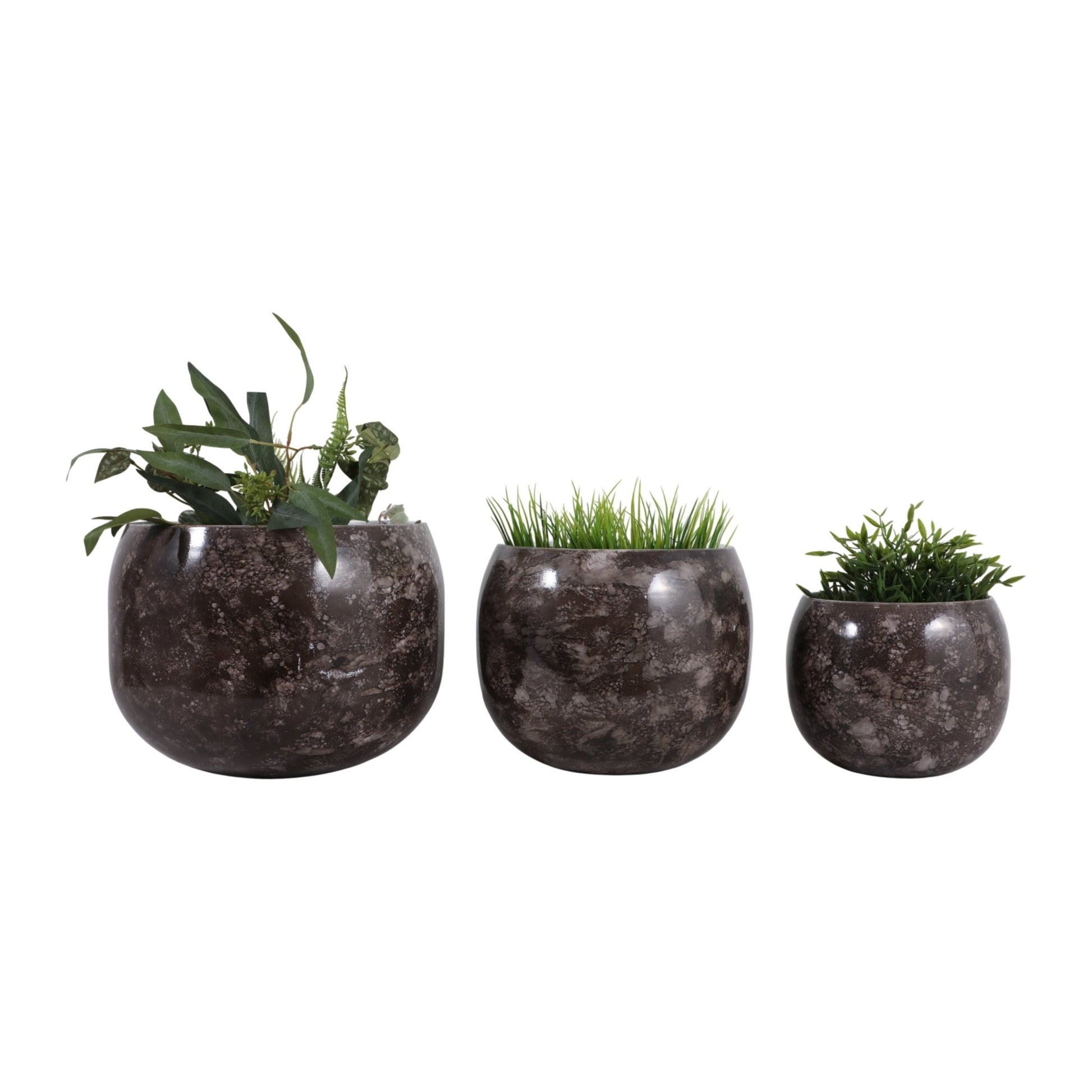 S/3 9/12/14" Marbled Finish Round Metal Planters, Planter| Sagebrook Home