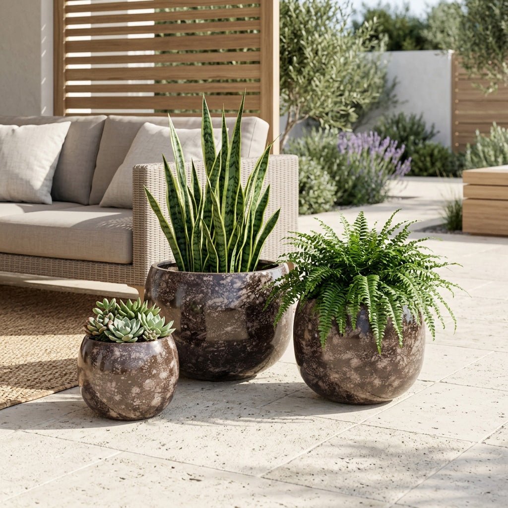 S/3 9/12/14" Marbled Finish Round Metal Planters, Planter| Sagebrook Home