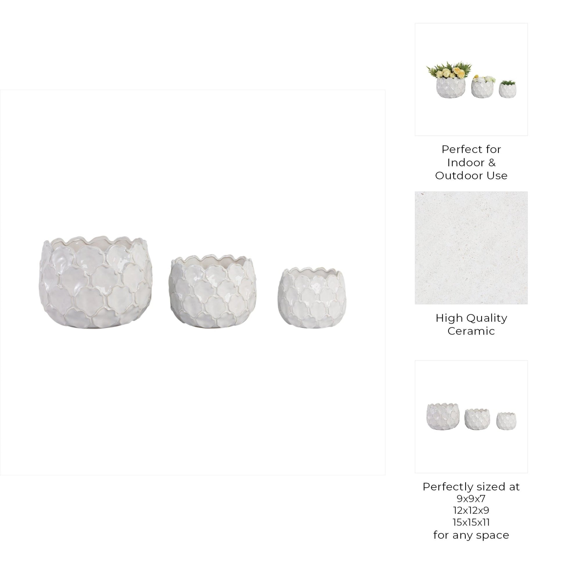 S/3 9/12/15" CLOUDY PETAL PLANTERS, WHITE Planter| Sagebrook Home