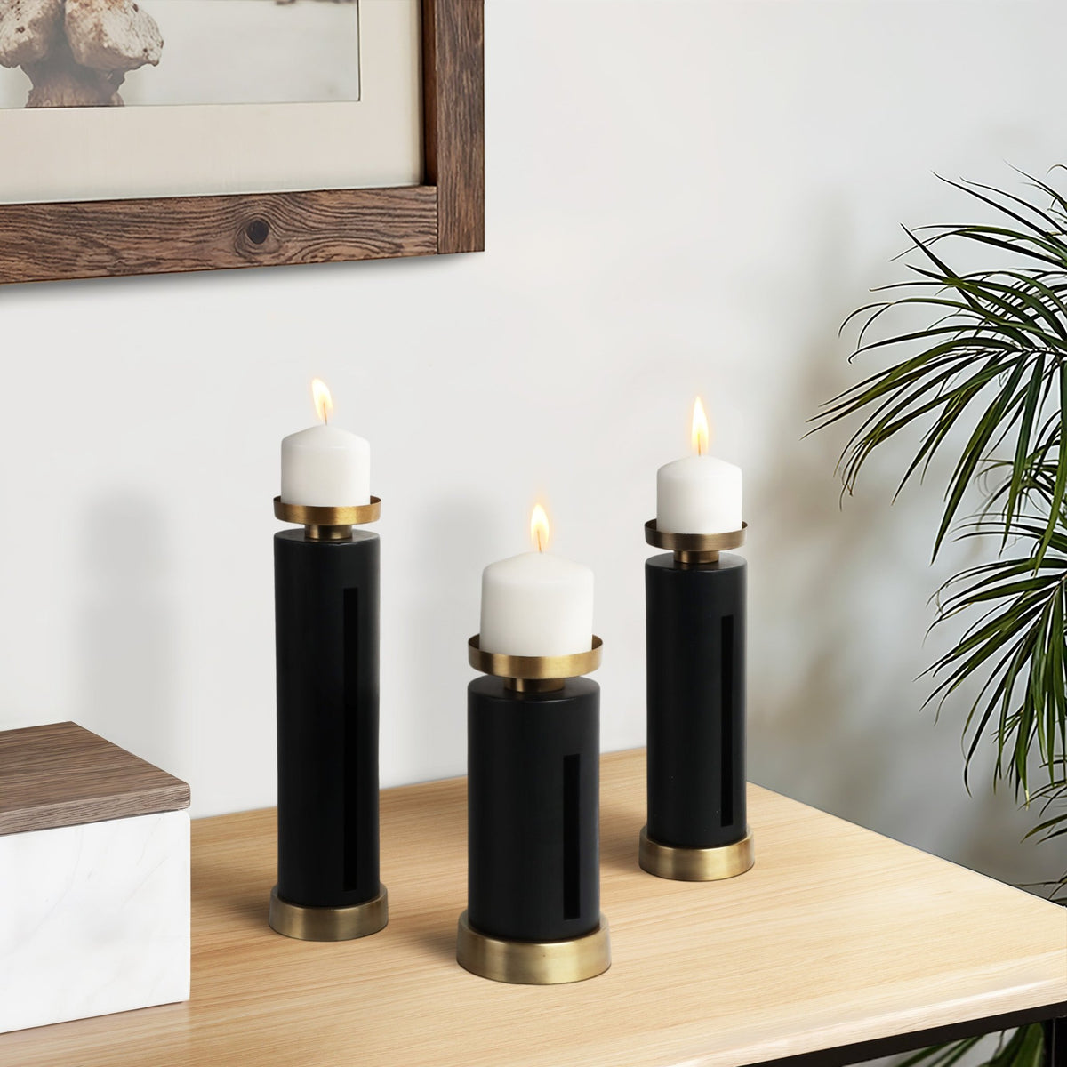 S/3 9/12/15" Hibbing Black And Gold Candlesticks Candle Holders| Sagebrook Home