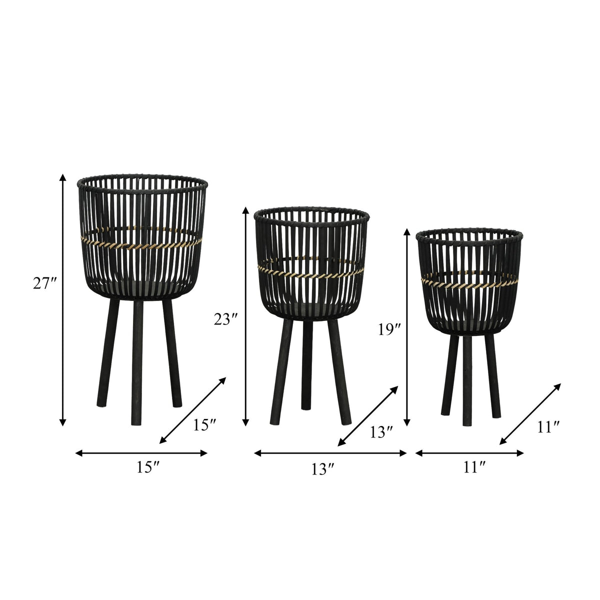 S/3 BAMBOO FOOTED PLANTERS 11/13/15", BLACK Outdoor Planters| Sagebrook Home