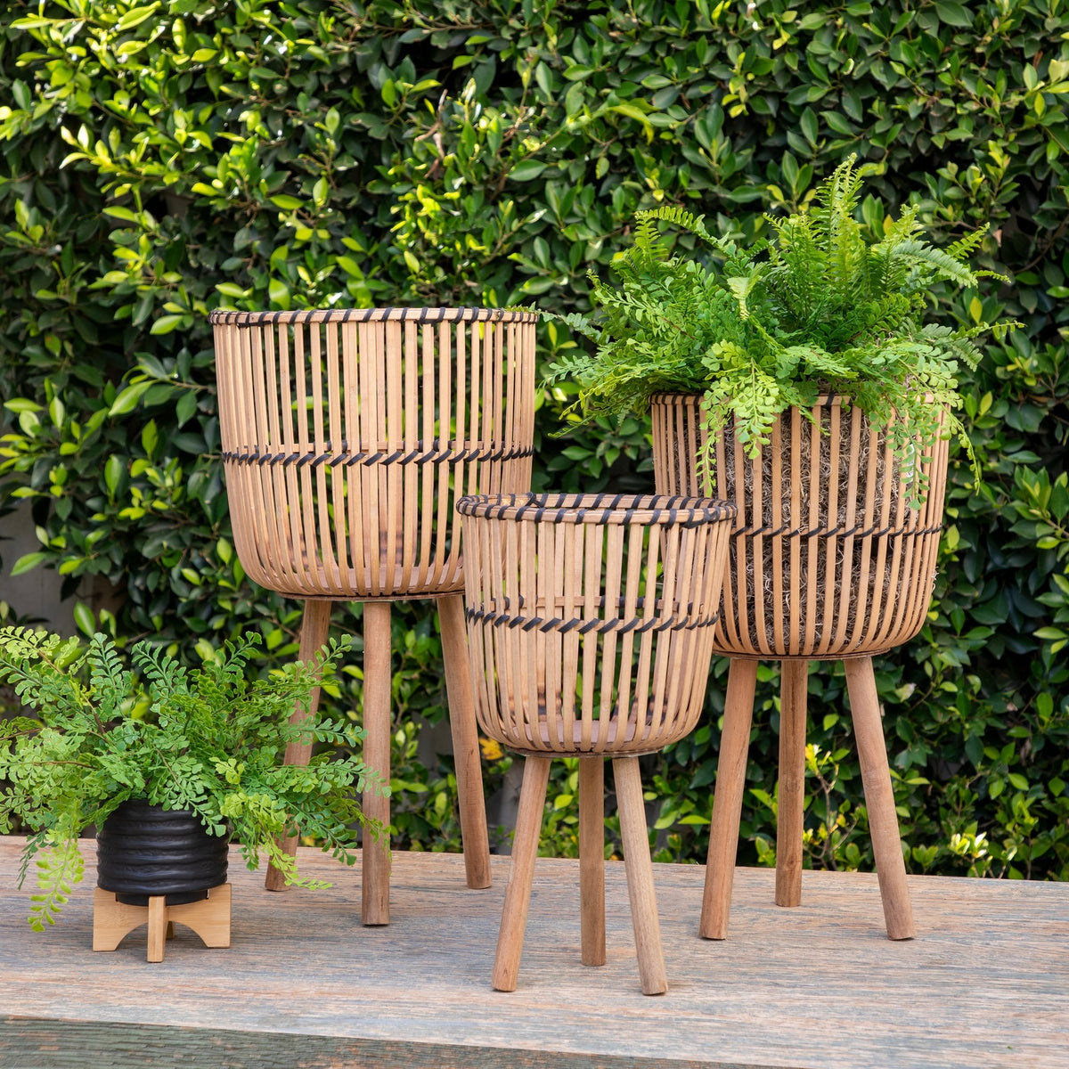 S/3 BAMBOO FOOTED PLANTERS 11/13/15", NATURAL Outdoor Planters| Sagebrook Home