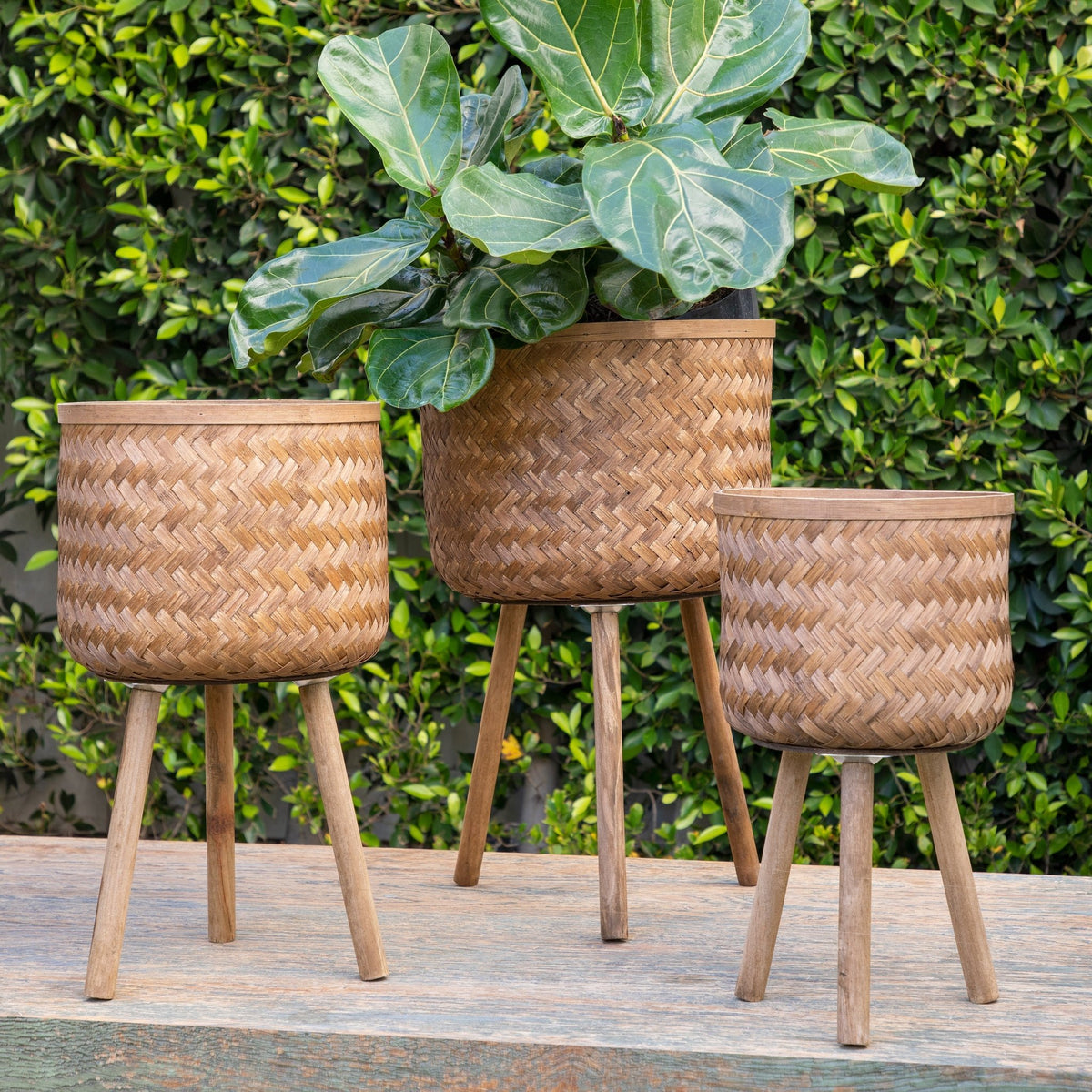 S/3 BAMBOO PLANTERS 11/13/15" BROWN Outdoor Planters| Sagebrook Home