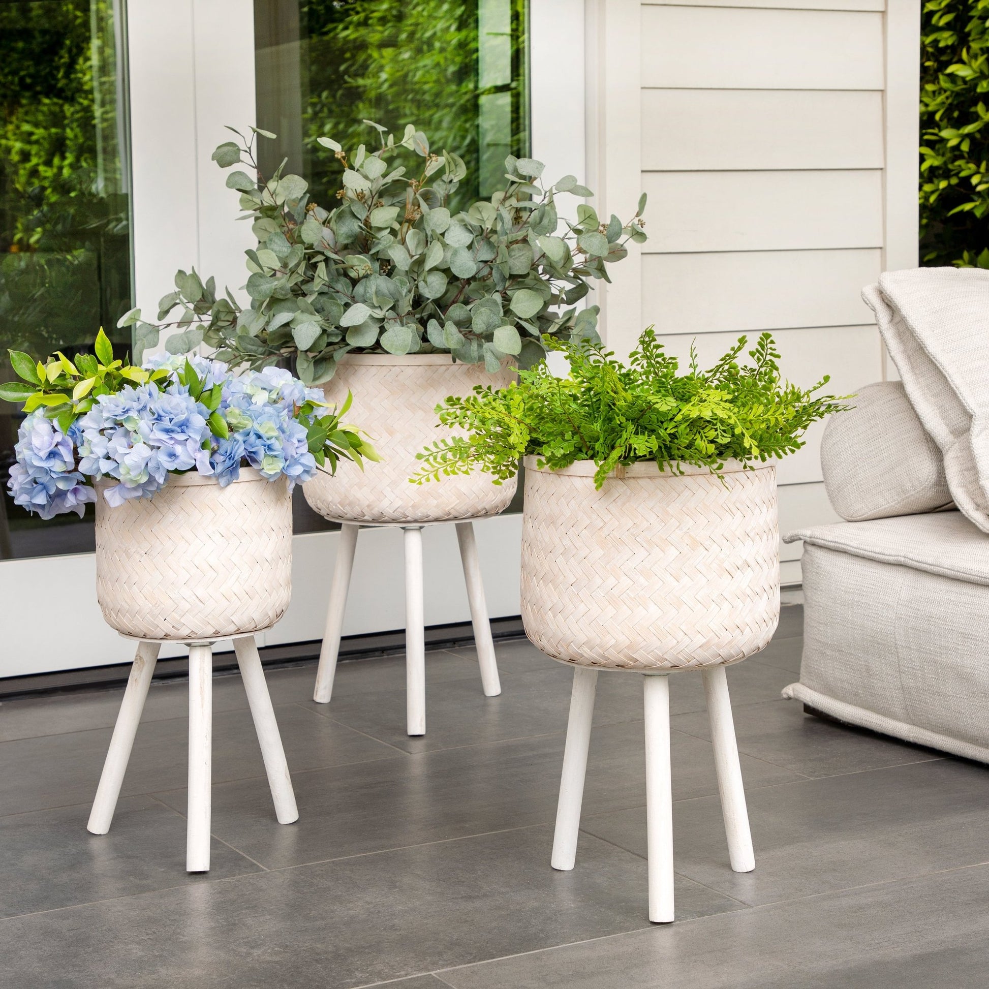 S/3 Bamboo Planters White Wash Outdoor Planters| Sagebrook Home