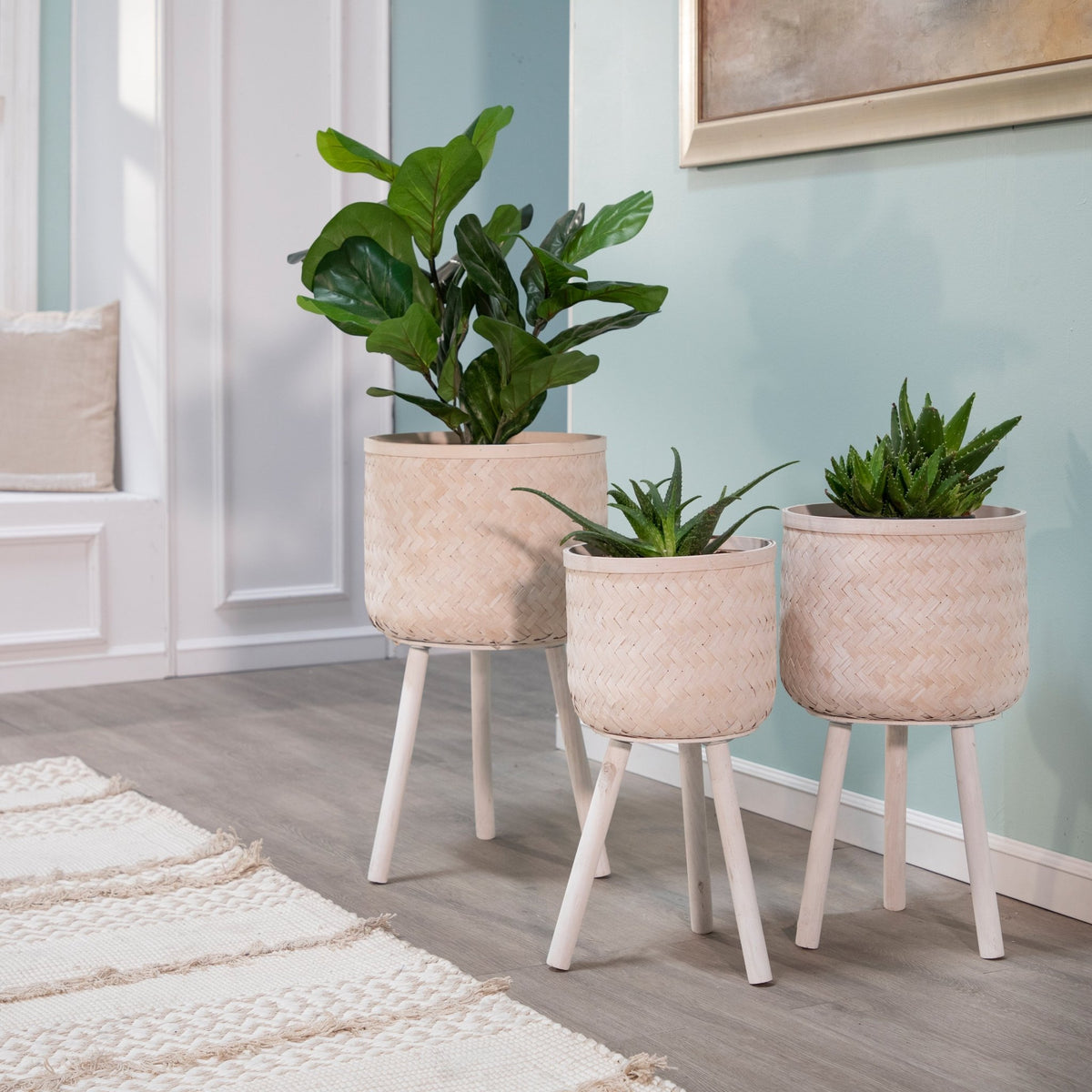 S/3 Bamboo Planters White Wash Outdoor Planters| Sagebrook Home